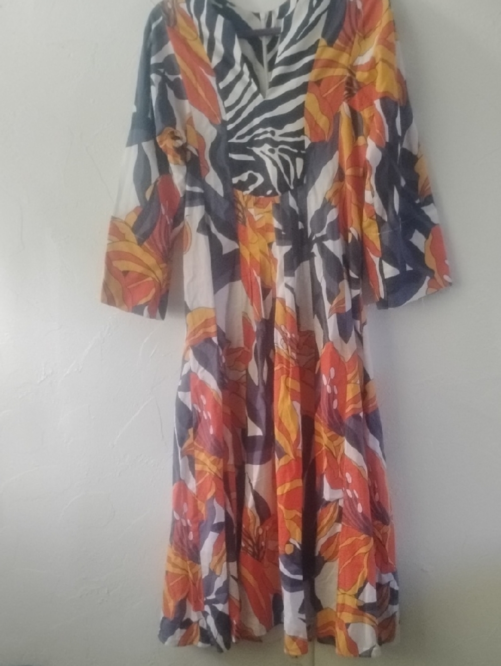 La Prestic Ouiston Floral Zebra-Print Midi Dress Cotton Silk Orange Navy Sz 0
